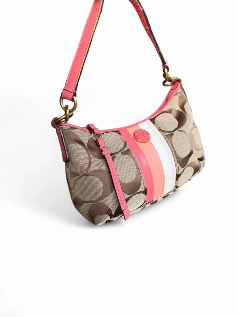 Coach Beige Signature Canvas Shoulder Bag with Pink Stripes